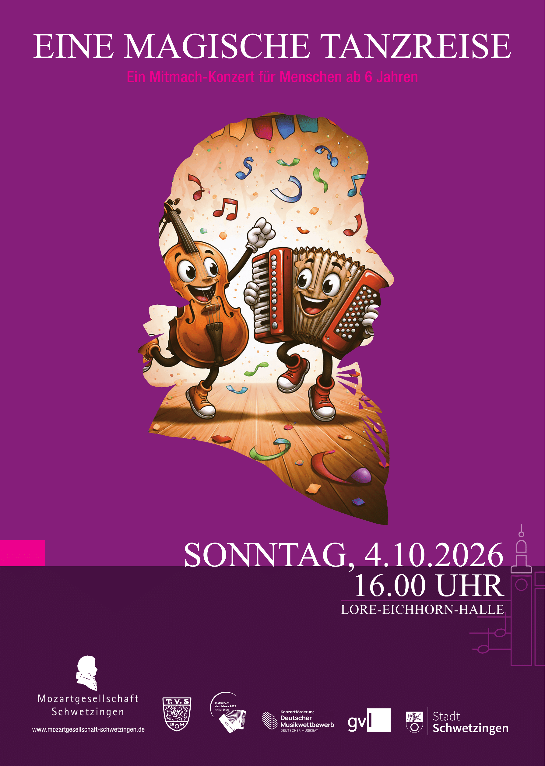 Plakat zum Mitmach-Konzert Eine magische Tanzreise am 4. Oktober 2026 in der Lore-Eichhorn-Halle
